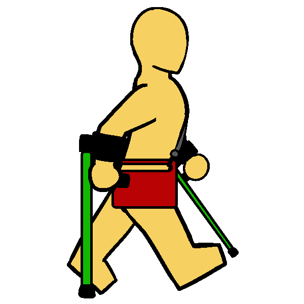 A yellow thin person with green forearm crutches and a red AAC device on a shoulder strap walking.